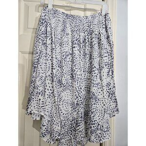 White/Navy Patten Flowy Blouse 2X with wide ruffle sleeves, unique, lightwgt